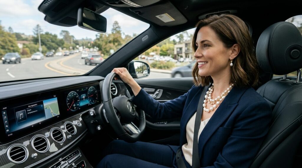 Realistic lifestyle photograph of a stylish woman wearing st