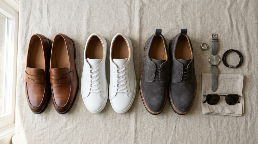 Flat lay product photography of three pairs of contemporary