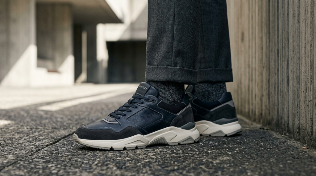 Close-up editorial shot of a mans feet featuring premium hy