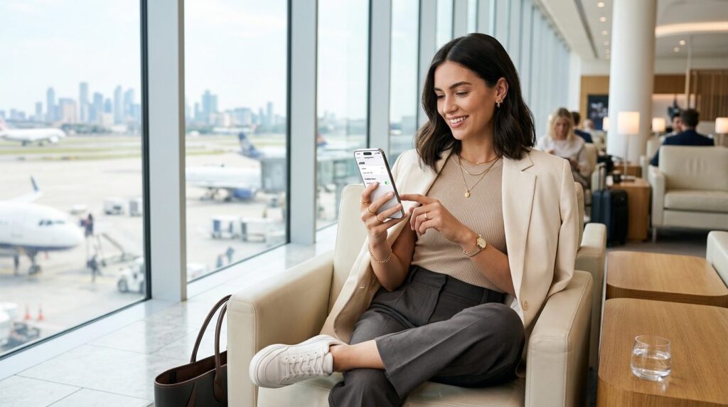 Kvinde i minimalistisk mode sidder og holder en smartphone.