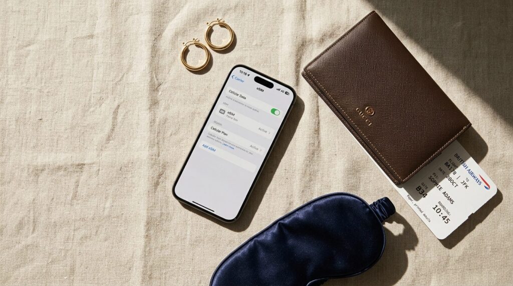 Smartphone og tilbehør arrangeret fladt på en overflade.