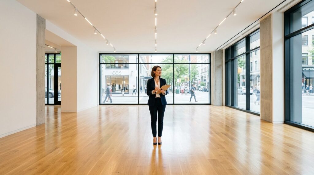Wide-angle view of a bright, empty commercial retail space a