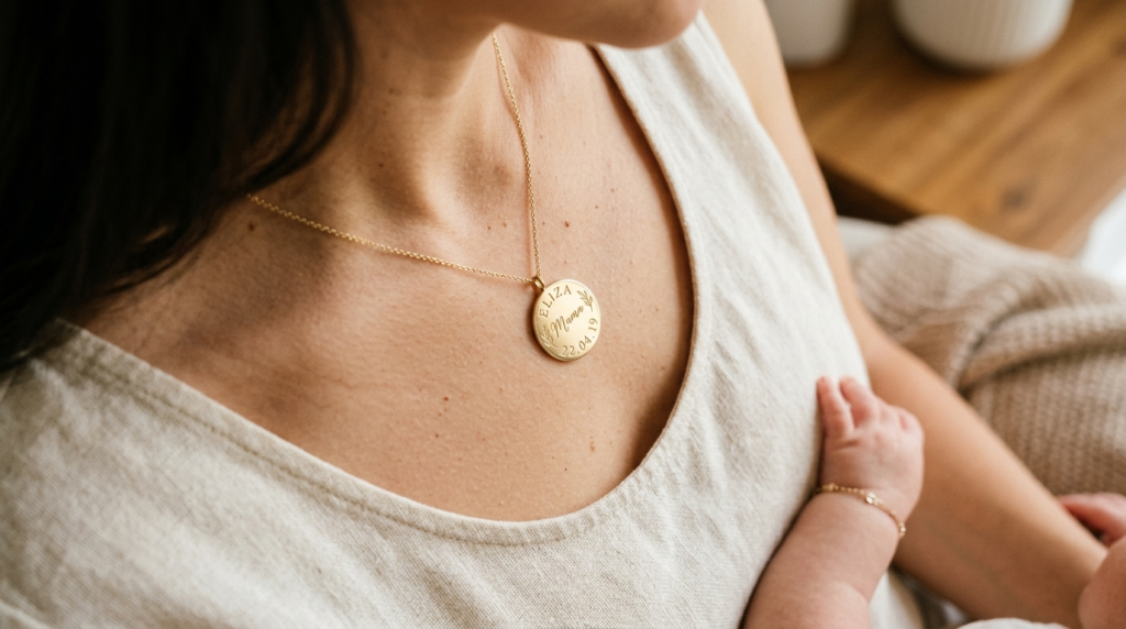 Close-up overhead shot of a personalized engraved gold penda