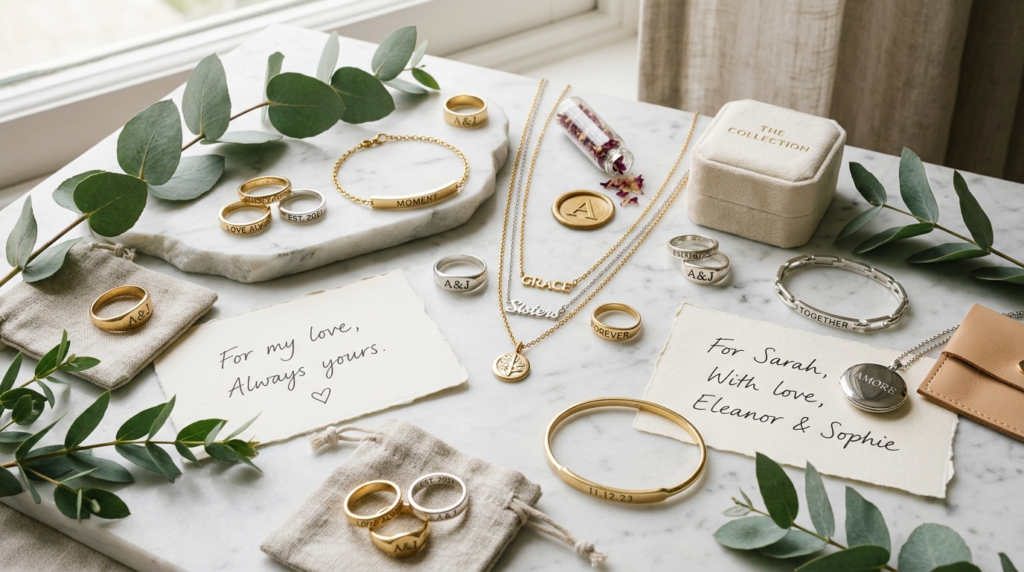 Flat lay composition of multiple engraved jewelry pieces - r