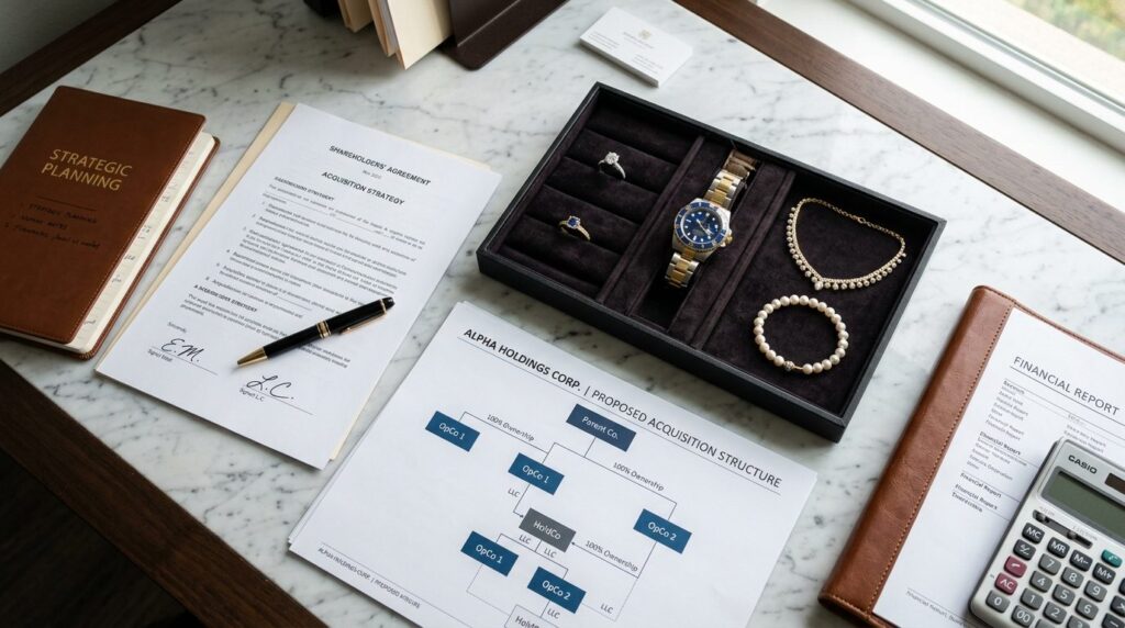 Close-up overhead shot of luxury jewelry pieces arranged nex