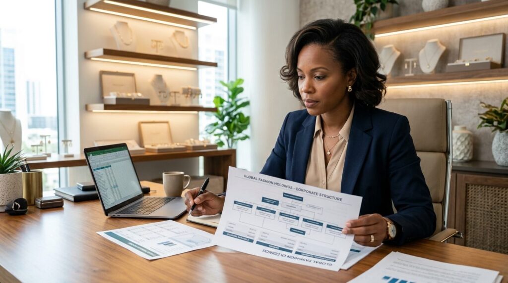Female fashion entrepreneur reviewing holding company struct