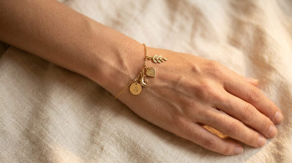 Kvinnes håndledd med delikate charms på armbåndet.