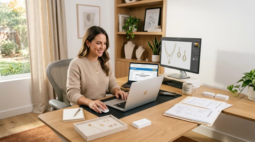 Modern home office setup for a jewelry entrepreneur with a l