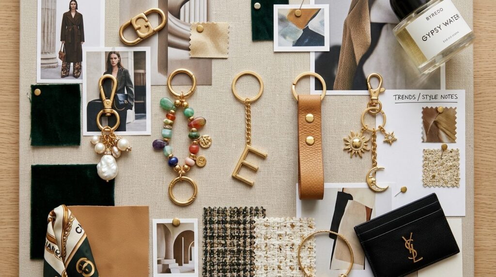 Flat lay arrangement of five trendy keychains in different s