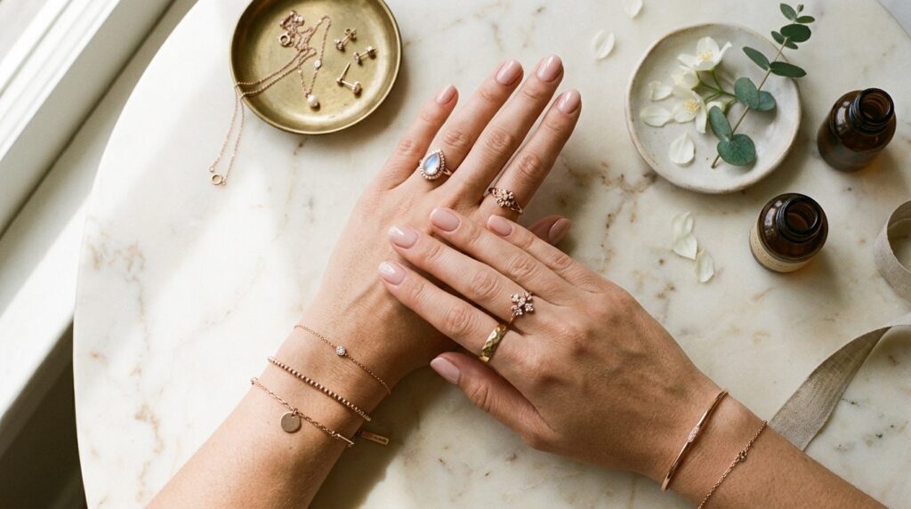 Flat lay overhead shot of a womans hands wearing delicate r