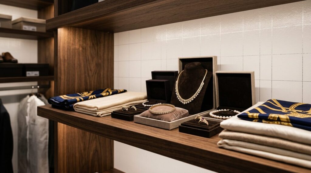 Close-up of premium jewelry collection and fine fabrics stor