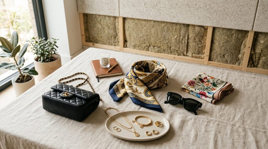 Luxury fashion styling flat lay featuring delicate gold jewe