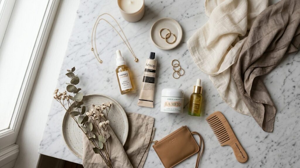 Sophisticated flat lay composition featuring luxury skincare