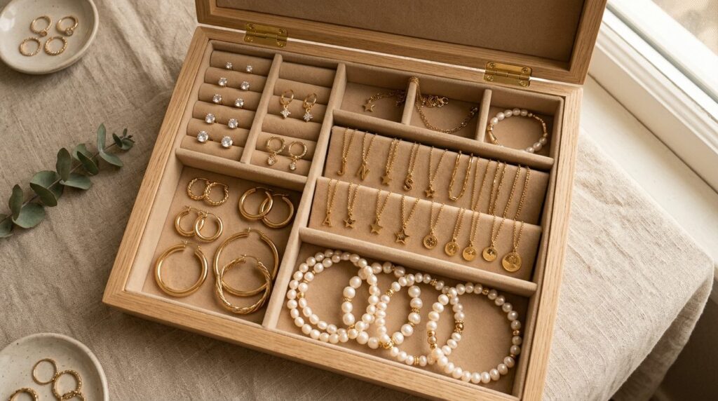 Overhead styled photography of an open jewelry box displayin