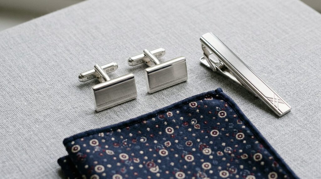 Close-up flatlay of mens formal accessories on a light gray