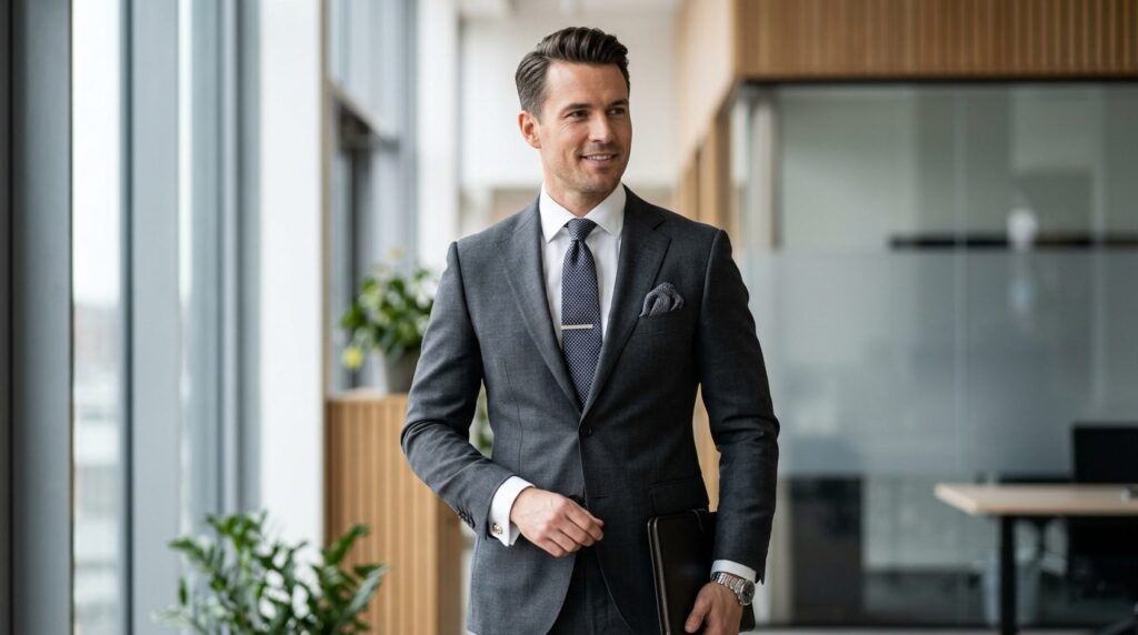 Elegant male model wearing a tailored charcoal suit, showing