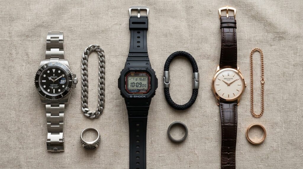 Close-up overhead flat lay of three mens watches in differe