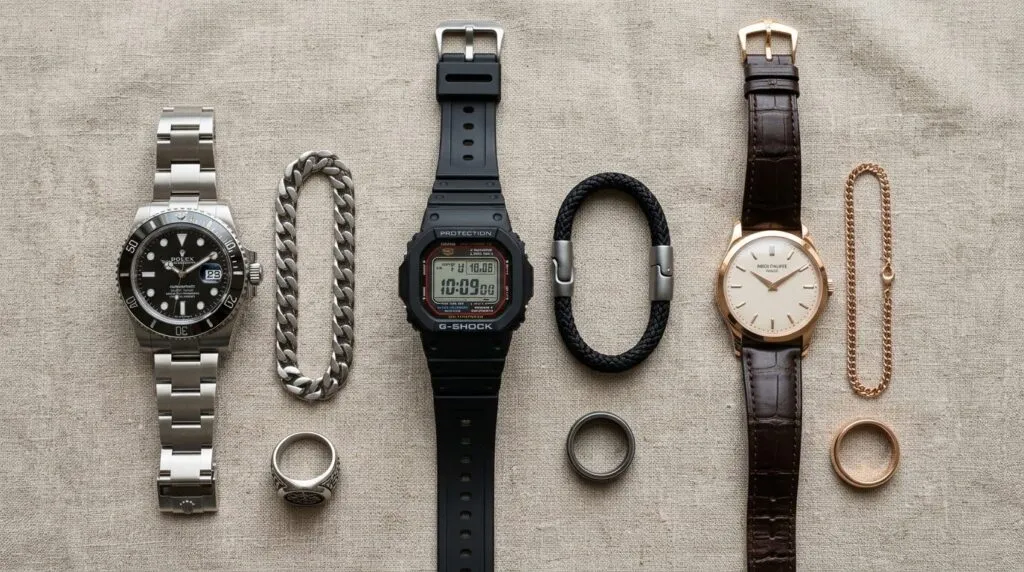 Close-up overhead flat lay of three mens watches in differe
