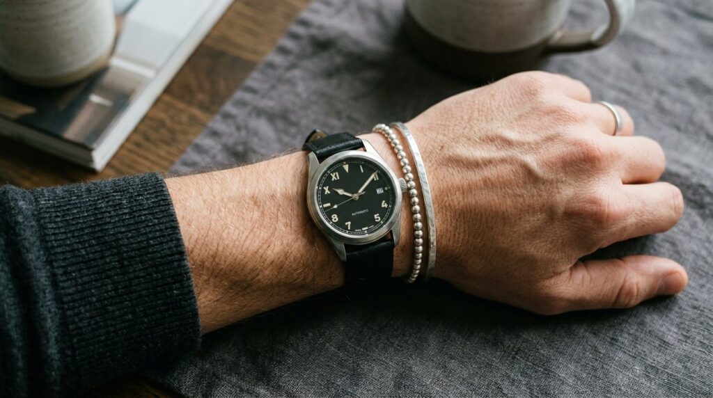 Lifestyle shot of a mans arm showing a black dial automatic