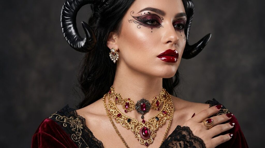 Close-up fashion detail shot of elegant devil costume access