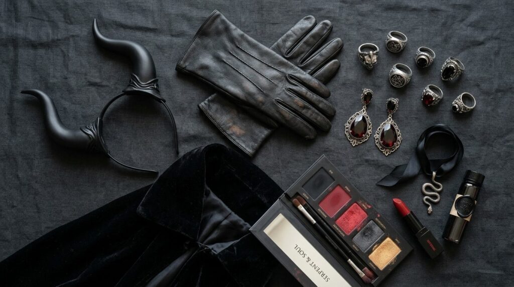 Fashion styling flat lay of devil costume components arrange