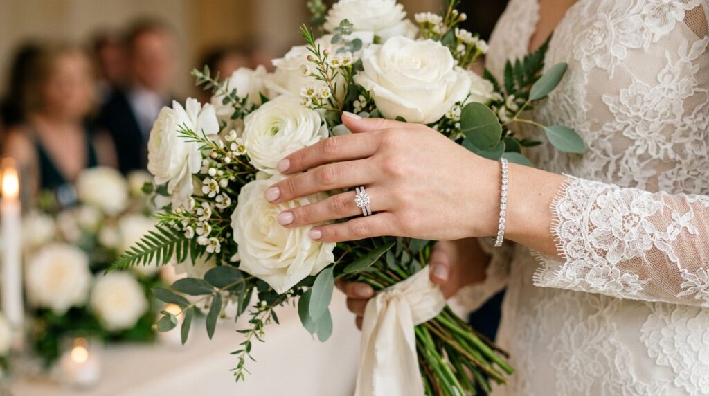 Brudehand med elegant diamantring.