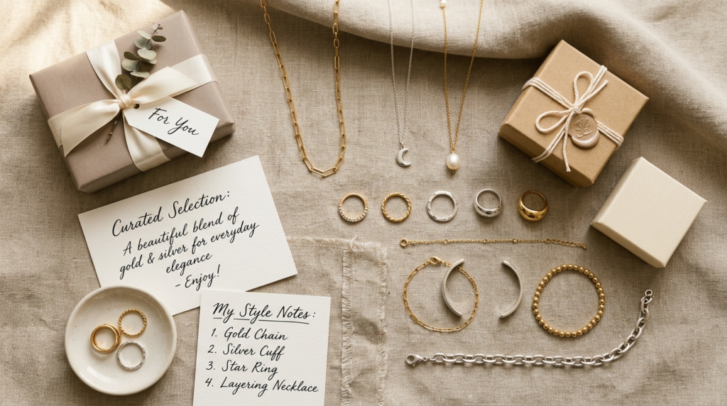 Flat lay photography of curated jewelry collection on neutra