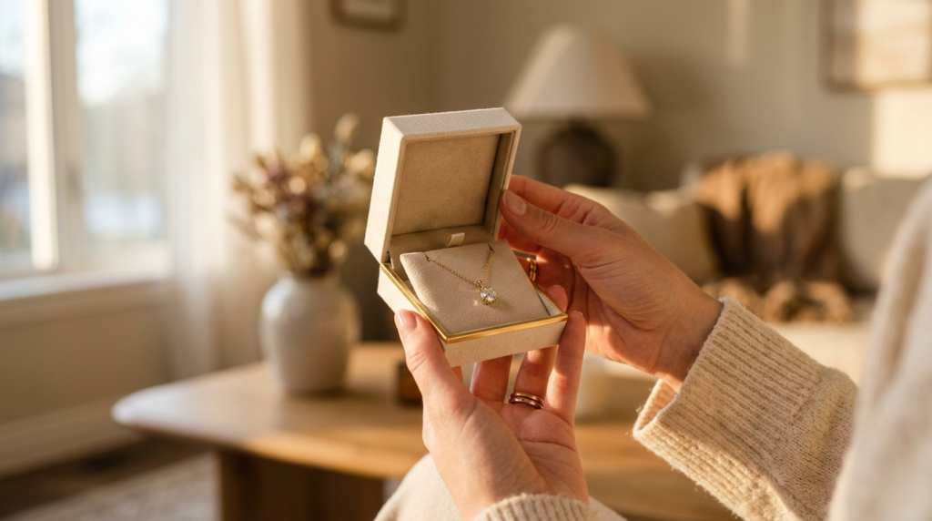Close-up detail shot of hands holding an elegant gift box co