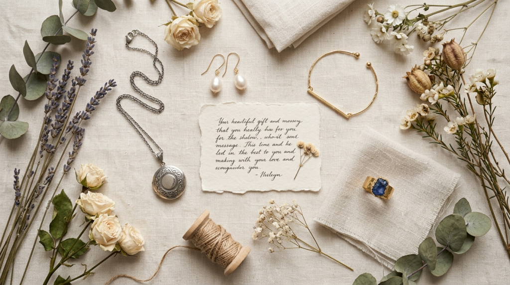 Overhead flatlay composition of diverse jewelry styles and m