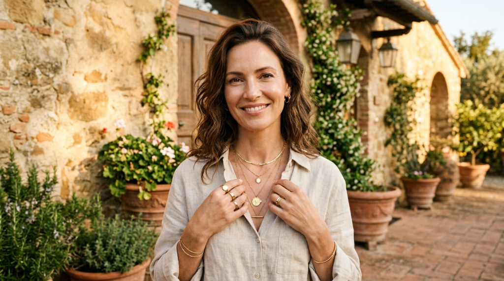 Close-up portrait of a sophisticated woman wearing layered g