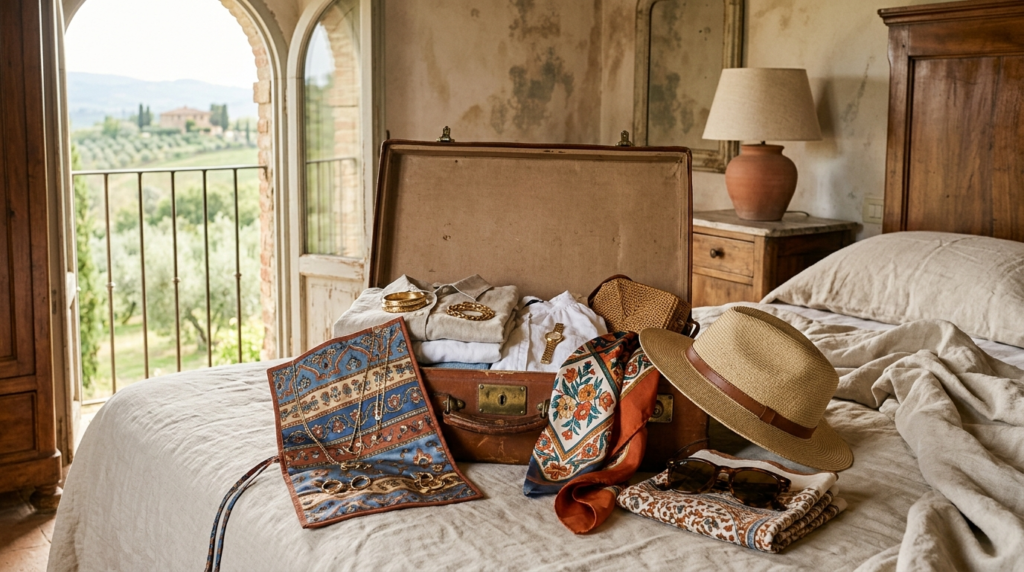 Styled travel packing scene showing an open leather suitcase